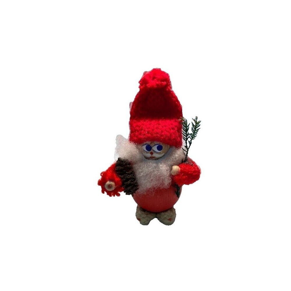 Vintage 3" Wooden Swedish Tomte Santa Gnome Handmade Holding Pinecone & Twig